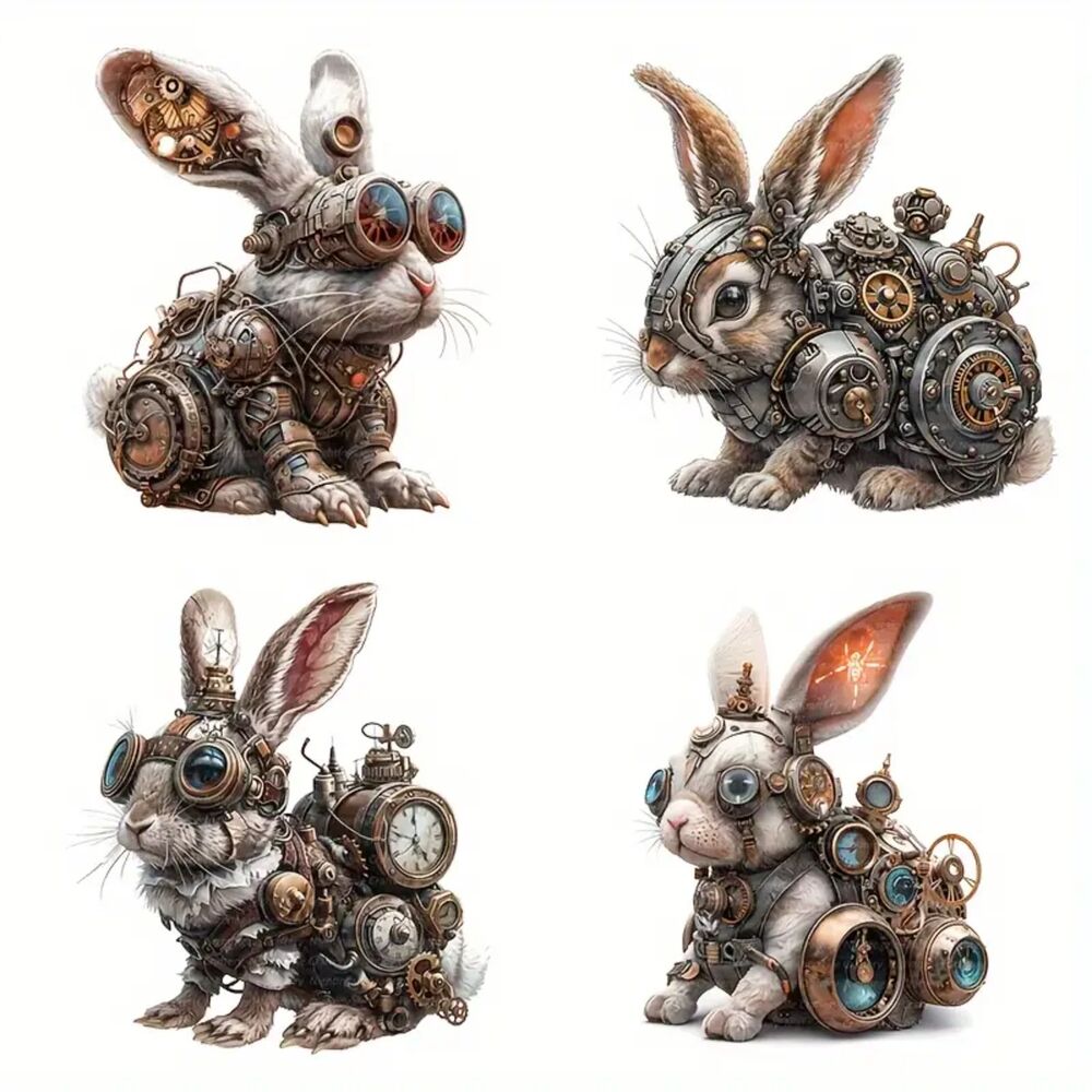 Steampunk Rabbit Decals 4 Pack Durable Plastic Dual-Sided Print Transparent Film
